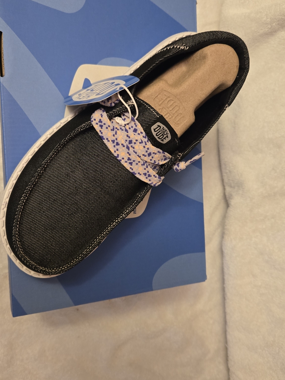 Hey Dude Black Slip-On Moccasin with Multicolor Patterned Laces